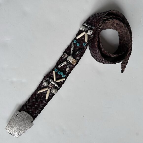 Vintage Braided Leather Belt Womens M/L Brown Shells Turquoise Indie Boho Hippie - Picture 2 of 10